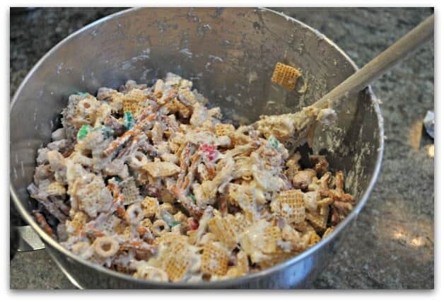 Every year my Mom makes this delicious concoction of white chocolate, chex mix, pretzels, peanuts and M&Ms-and it is totally addictive! Now it is a tradition in my home to make Nana's Christmas mix!