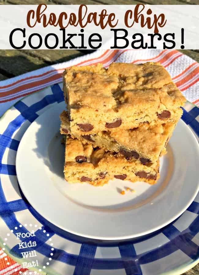 I love these chocolate chip cookie bars because you just pat the dough into the pan to bake- nothing to roll into balls or cut out with cookie cutters.  We prefer to make a triple batch of the dough and then divide it up to make chocolate chip cookie bars, butterscotch chip cookie bars, and plain cookie bars (without chips). 