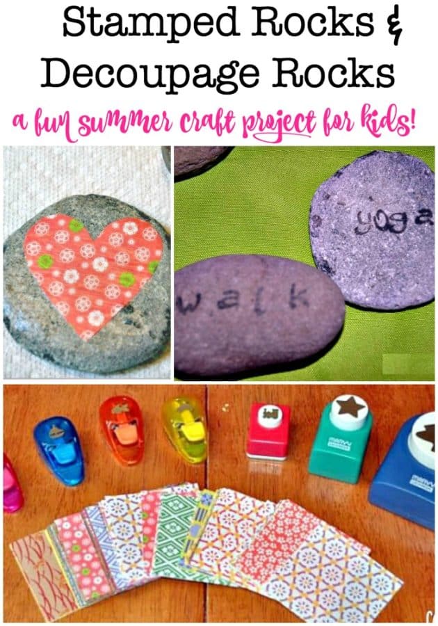 This stamped rocks and decoupage rocks project is a fun summer craft project to do with the kids! And a great thing to do if you happen to collect some beautiful smooth flat stones while on vacation!