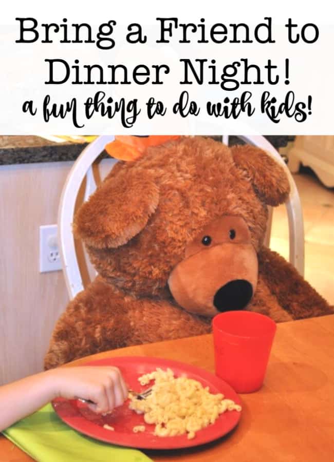 This is such an easy thing to do to make your dinner hour a little festive! Announce to your kids that tonight it is "Bring a Friend to Dinner Night", and that their job is to invite one of their favorite stuffed animals to join them at the table!