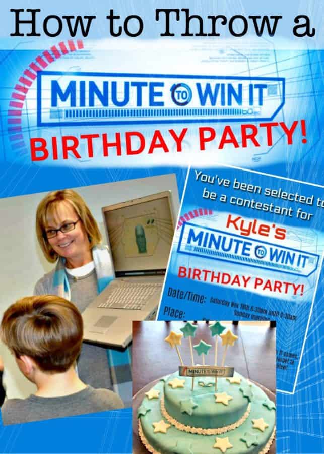 Fantastic ideas for hosting a Minute to Win It birthday party at home! This post includes ideas for Minute to Win It games for kids with links to the "blueprints", ideas for team prizes, cake, party favor, and lots of tips on how to make your Minute to Win it Party awesome!