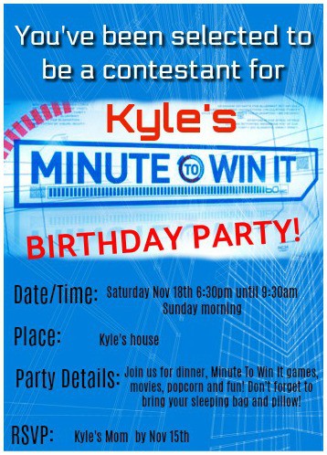 Minute to Win It birthday party invitation