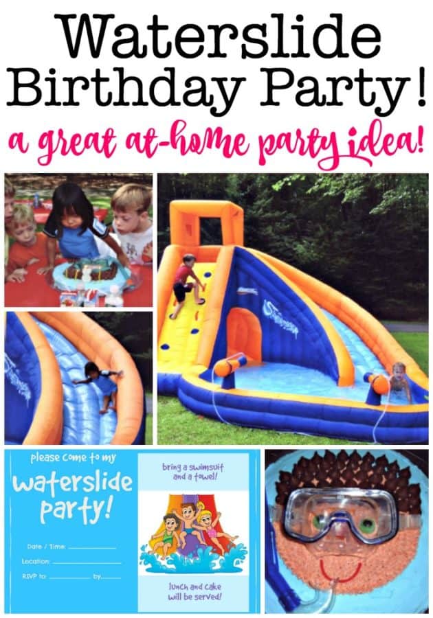 A waterslide birthday party is a great summer birthday party idea! This post includes a free printable invitation, thank you note, and favor tag and shows you exactly how we did it!