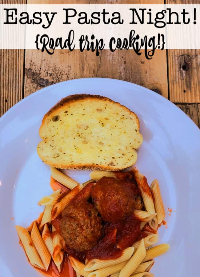 A pasta bar is a simple meal that can be made from a short grocery list for less than $12 for the entire family! Here's how to do an easy pasta night while on a family road trip!