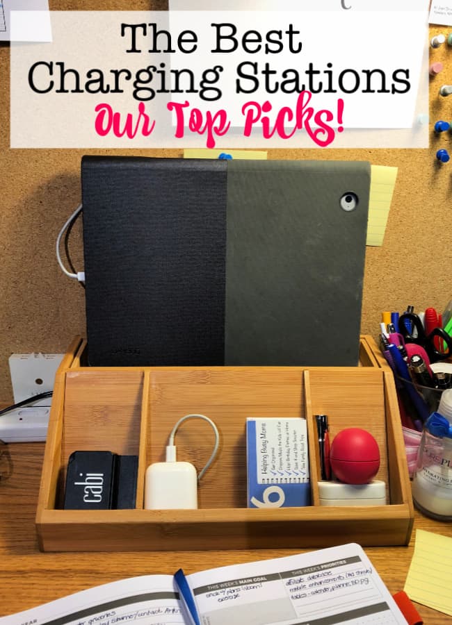 Here is a round up of the best charging stations we are using in our own home-plus a few other ones that I love- to help you keep your devices charged and hide all of that cord clutter!