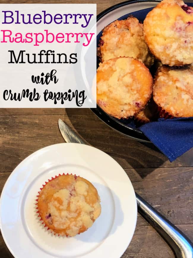 I love to bake breakfast treats for my family to enjoy- I think it's the perfect way to kick off a weekend together!  These delicious Blueberry Raspberry Muffins with Crumb Topping is a family favorite!