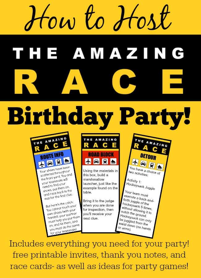 Fantastic ideas for hosting an Amazing Race birthday party at home! This post includes free printable amazing race party invitations, amazing race game clues, and amazing race thank you notes!