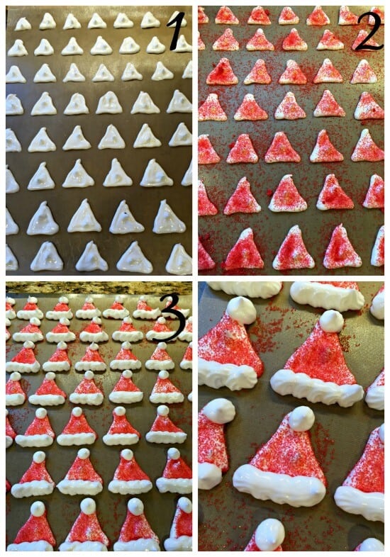 These Santa hat meringue cookies are absolutely adorable to look at and are hands-down my kids' favorite holiday cookie! They are crispy on the outside but they melt in your mouth just like cotton candy!
