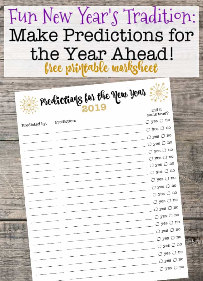 Try this fun family tradition this year- of writing New Year's predictions! (Because don't you feel that New Year's resolutions are more appropriate for adults than for kids?) This post includes a free printable worksheet for your family to use!
#NewYearsEve #FamilyTradition #HolidayTradition #NewYearsGame
