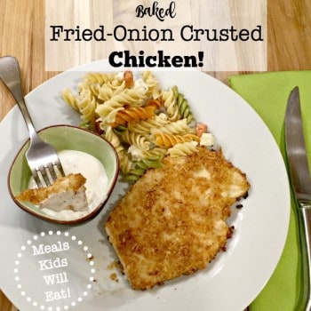 This baked fried onion crusted chicken recipe offers a unique and delicious coating for baked chicken breasts that kids will love! (Especially with ranch dressing for dipping!)