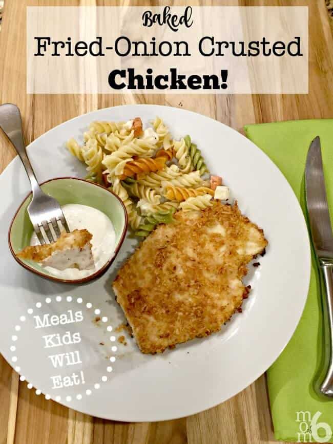 This baked fried onion crusted chicken recipe offers a unique and delicious coating for baked chicken breasts that kids will love! (Especially with ranch dressing for dipping!)