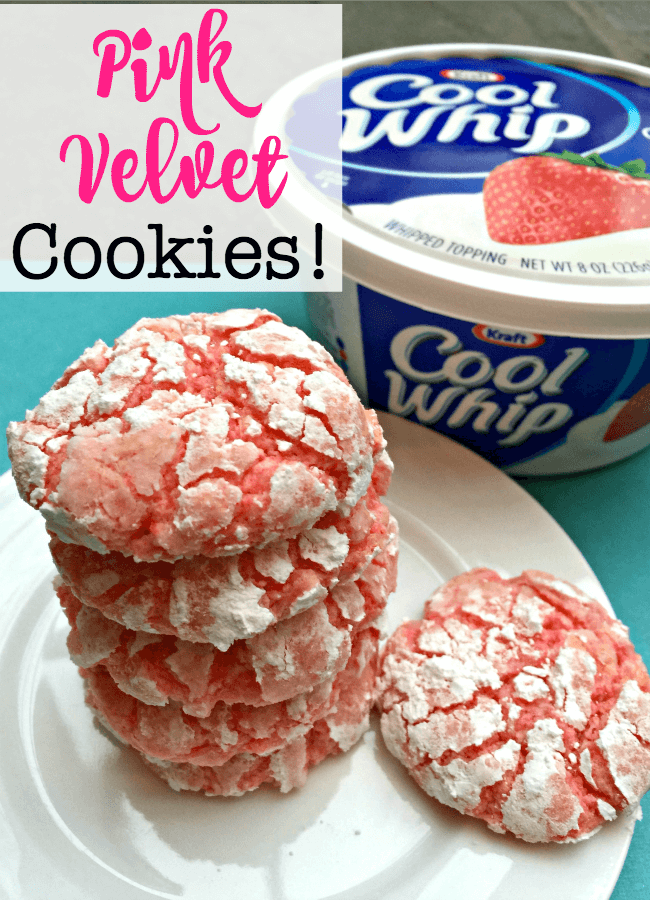 These pink velvet cookies are so easy to make- only 4 ingredients- and it bakes the softest, chewiest, most delicious cookie you can imagine!