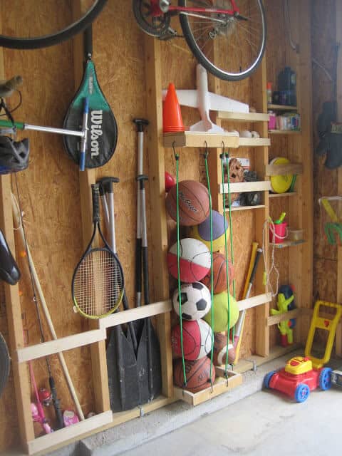 sports equipment storage in garage