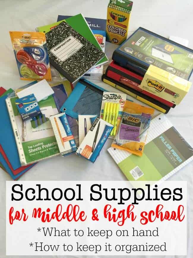 The game changes when kids get older- you don't necessarily receive a school supply list for middle and high school so that you know what your kids need for the year. So here are my suggestions on what you should have on hand, and how to keep it all organized!