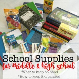The game changes when kids get older- you don't necessarily receive a school supply list for middle and high school so that you know what your kids need for the year. So here are my suggestions on what you should have on hand, and how to keep it all organized!
