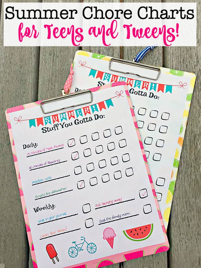 Download this free printable summer chore chart for teens and tweens and say goodbye to nagging about kids chores all summer long! (Yes- it will require an incentive plan- but I've got a great idea for that too!)