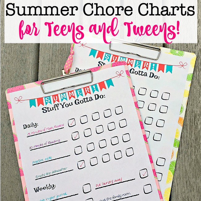 Summer Chore Chart For Tweens Printable Free
