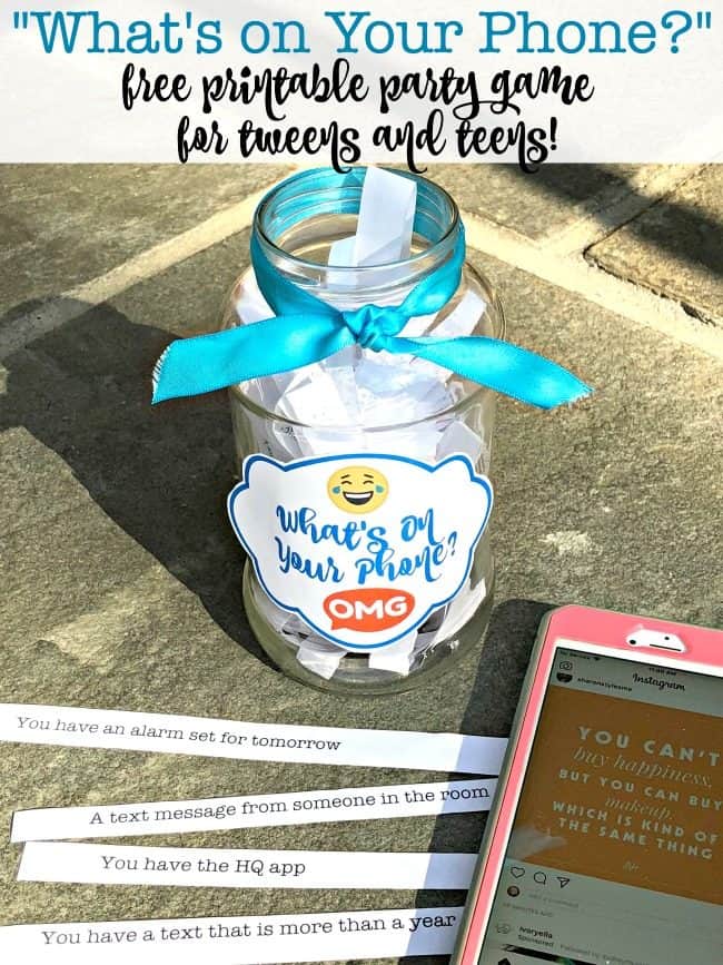 What's On Your Phone is the perfect party game for tween and teen parties! You know that the kids are going to bring their phones to your event anyway- so why not make a game out of it? This free printable party game can be played two ways and is sure to be a hit!