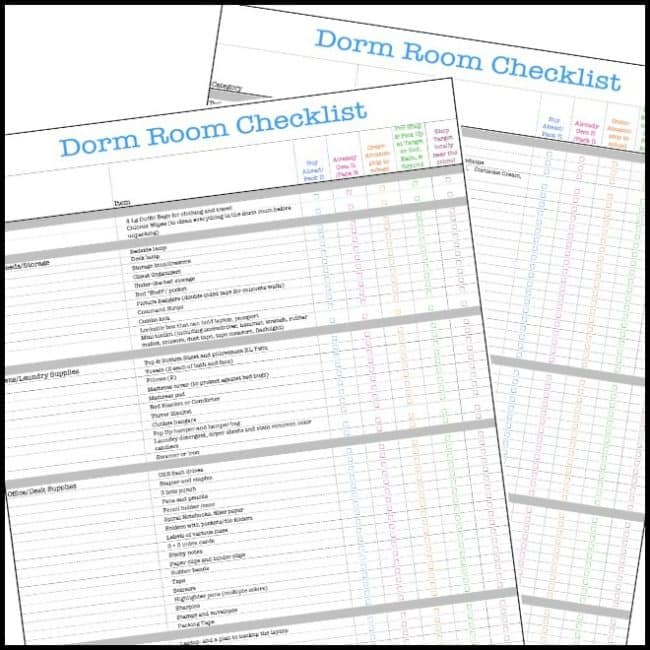 Moving your teen into a college dorm room for the first time can be a daunting task! What will they need? How will they share this space with a roommate? How can you help them to get organized and stay that way? This post includes a free printable dorm room checklist, great tips on how to plan for your move-in day, advice for those moving teens into a dorm far away, and 20+ fantastic organized dorm room ideas!