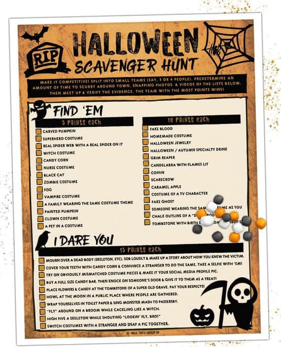 These scavenger hunt ideas for tweens are great because it gets them moving! And since scavenger hunts are so interactive it is easy to put kids together into groups to work on finding items- even if they don't know each other well- perfect for kids birthday parties and get-togethers! #ScavengerHuntIdeas #ScavengerHuntForKids #ScavengerHuntforTweens Halloween scavenger hunt
