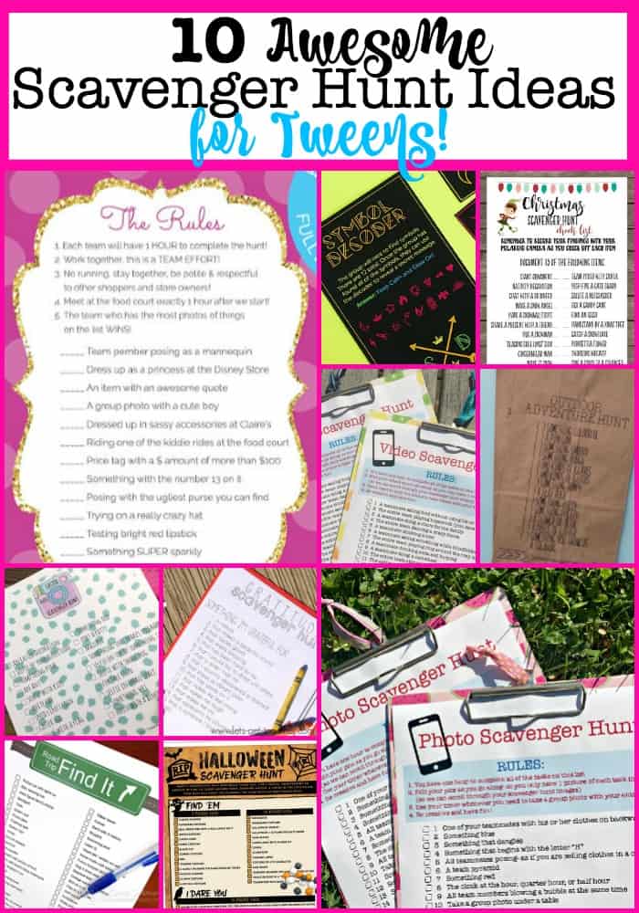 These scavenger hunt ideas for tweens are great because it gets them moving! And since scavenger hunts are so interactive it is easy to put kids together into groups to work on finding items- even if they don't know each other well- perfect for kids birthday parties and get-togethers!