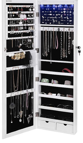 BAGSMART Hanging Jewelry Organizer Storage Roll with Hanger Metal Hooks  Double-Sided Jewelry Holder for Earrings, Necklaces, Rings on Closet, Wall