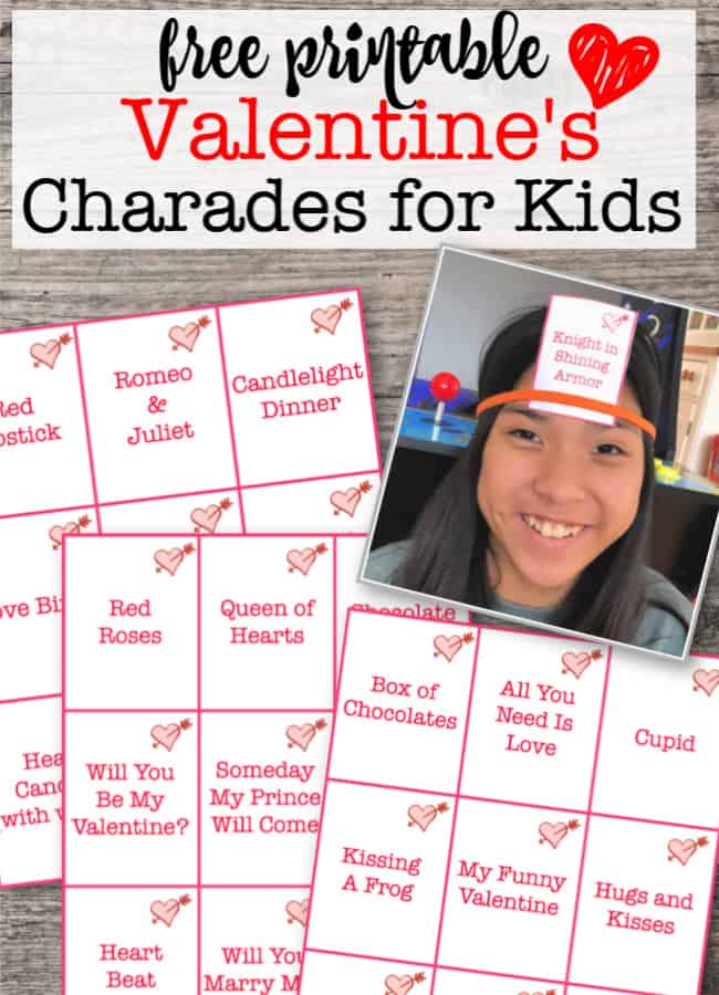 Looking for some fun Valentines Day games on hand for kids to play at school parties, club meetings, or even at the lunch table at school? This free printable party game for kids is a set of cards that you can cut out and play as a game of Valentine's Day Charades or Valentine's Day Heads Up!