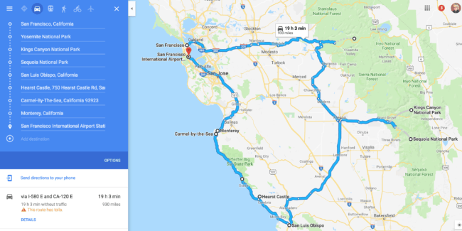 using Google maps to plan a road trip