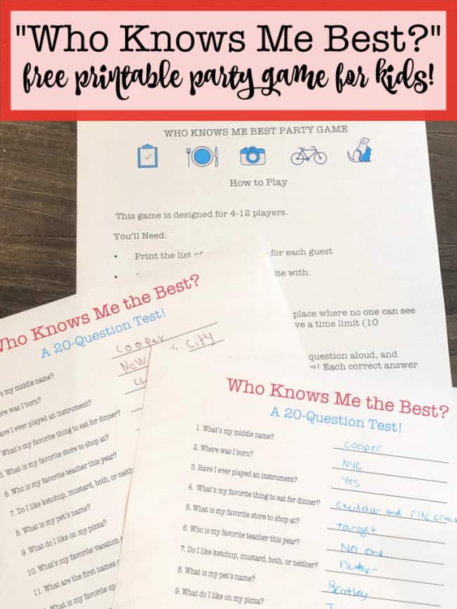 This fun and free printable party game for kids is perfect for kids birthday parties! Everyone thinks that they know the birthday boy or girl best- but this "Who Knows Me Best?" game will show you just how much they know or don't know!